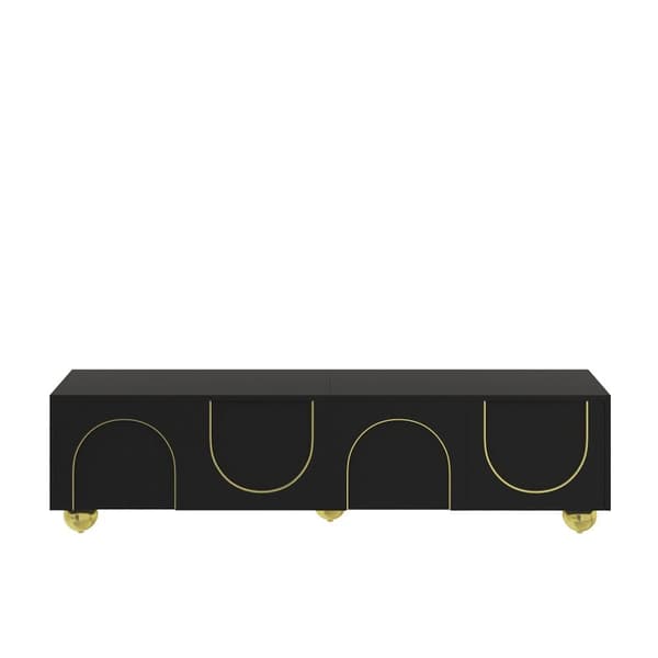 Moderne tv-bord 170x38x44 cm - med 4 teksturerede låger - gylden kant - runde gyldne ben - sort