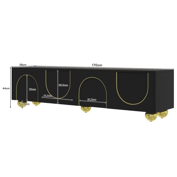 Moderne tv-bord 170x38x44 cm - med 4 teksturerede låger - gylden kant - runde gyldne ben - sort