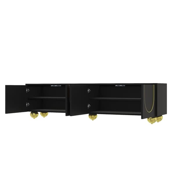 Moderne tv-bord 170x38x44 cm - med 4 teksturerede låger - gylden kant - runde gyldne ben - sort