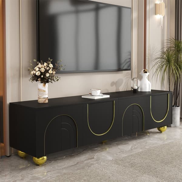 Moderne tv-bord 170x38x44 cm - med 4 teksturerede låger - gylden kant - runde gyldne ben - sort