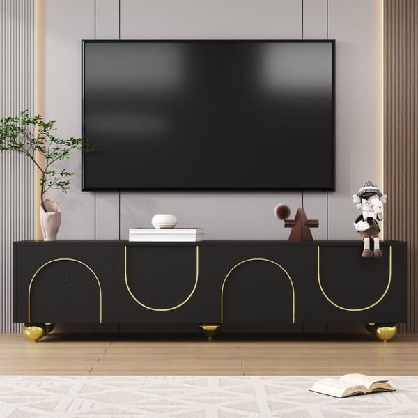 Moderne tv-bord 170x38x44 cm - med 4 teksturerede låger - gylden kant - runde gyldne ben - sort