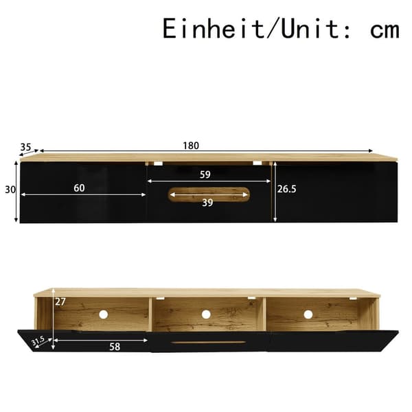 TV-taso 180x35x30 cm - Kiiltävä pinta - 16-värisellä LED-valaistuksella - seinäasennus - musta + luonnonvärinen
