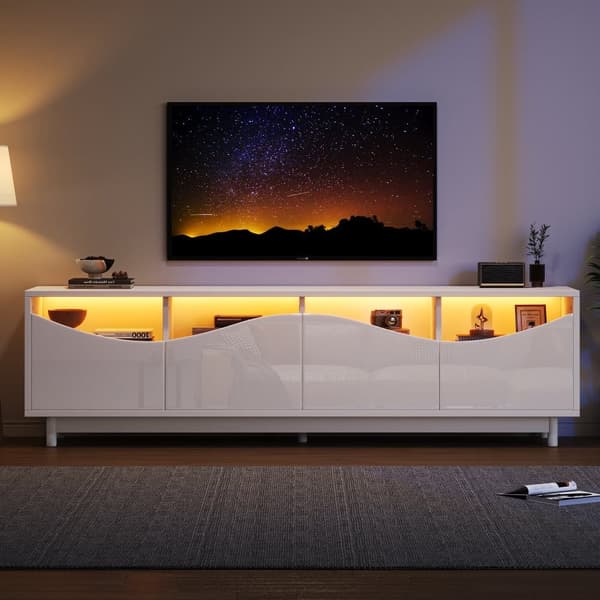TV-skab 175x38x51 cm - med 2 låger - sikkerhedsglasdøre - LED-belysning - hvid