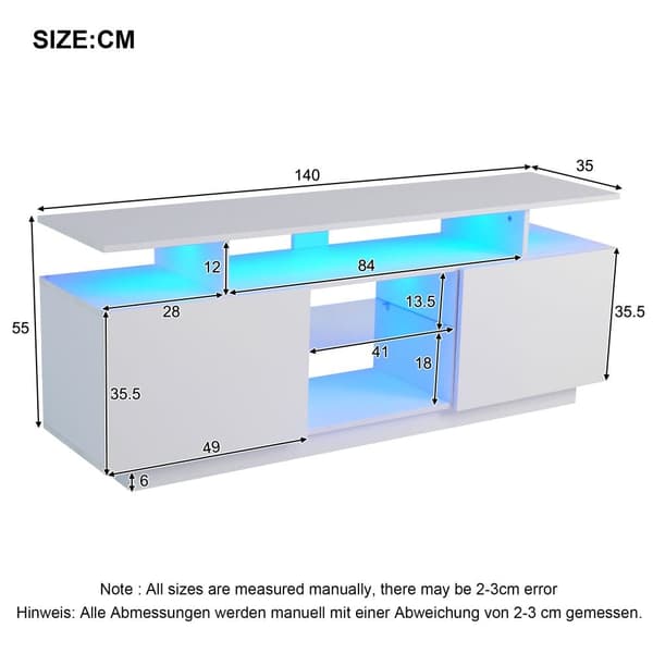 TV-taso 40x150x53 cm - LED-valaistuksella - hyllyt - 60 tuuman televisiolle - valkoinen