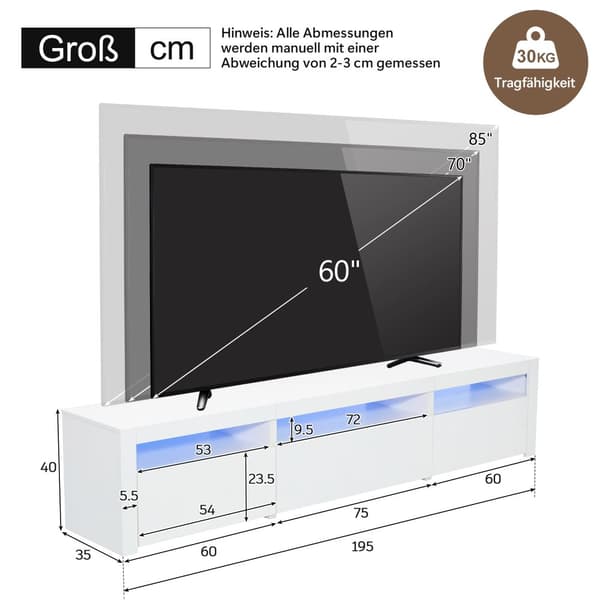 TV-bord 190x24x40 cm - Med LED-belysning - Opbevaringsplads - Til 80-tommer TV - Hvid