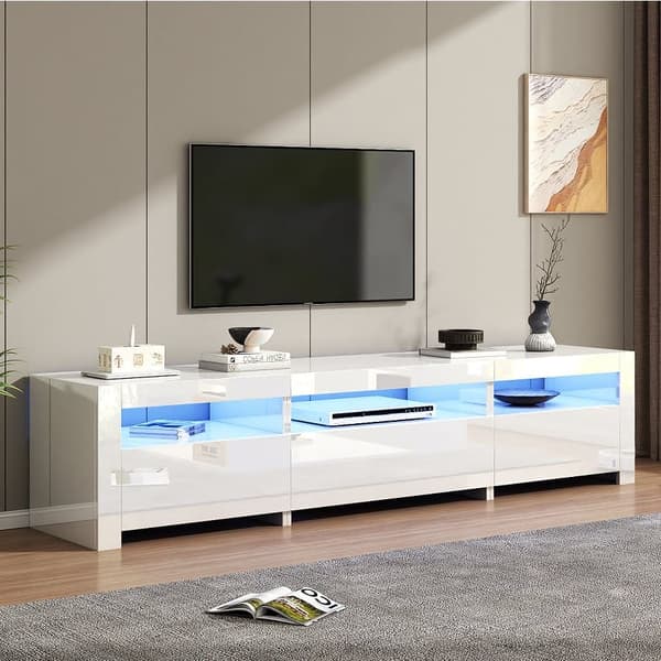 TV-bord 190x24x40 cm - Med LED-belysning - Opbevaringsplads - Til 80-tommer TV - Hvid