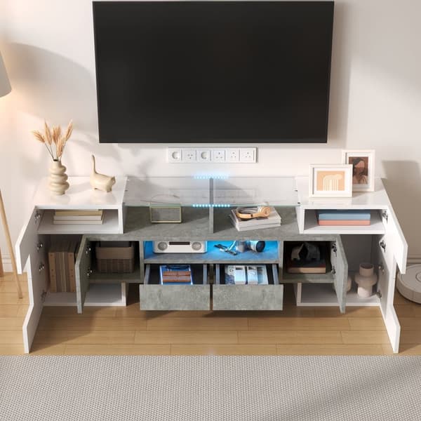 TV-skab 145x30x51 cm - med LED-belysning - med 4 låger - 2 skuffer - hylder - hvid