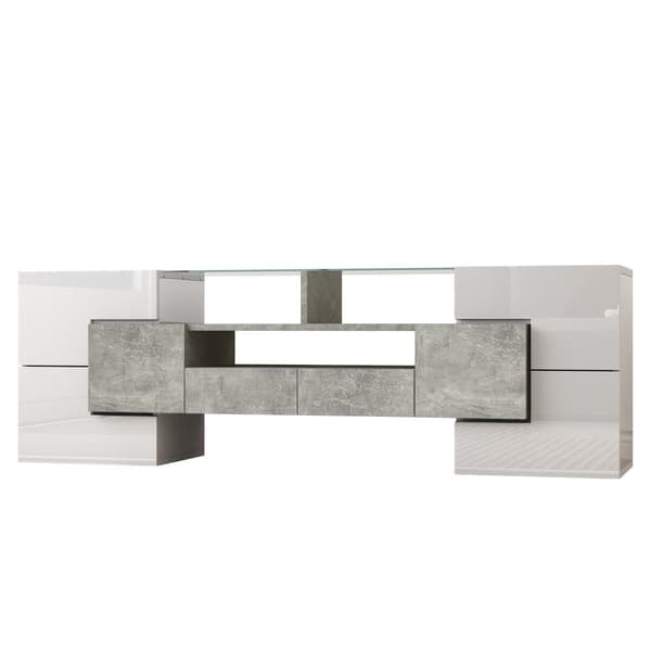 TV-skab 145x30x51 cm - med LED-belysning - med 4 låger - 2 skuffer - hylder - hvid