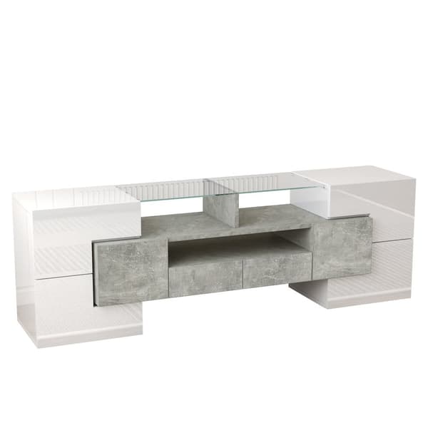 TV-skab 145x30x51 cm - med LED-belysning - med 4 låger - 2 skuffer - hylder - hvid
