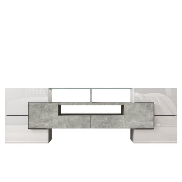 TV-skab 145x30x51 cm - med LED-belysning - med 4 låger - 2 skuffer - hylder - hvid