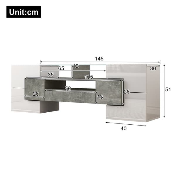 TV-skab 145x30x51 cm - med LED-belysning - med 4 låger - 2 skuffer - hylder - hvid