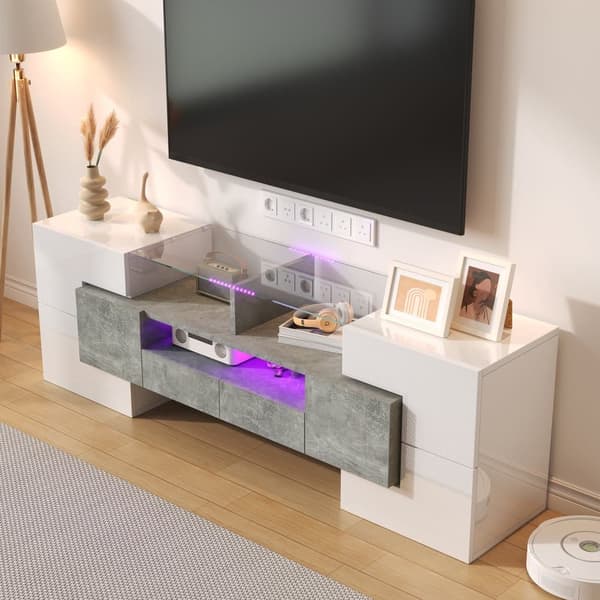 TV-skab 145x30x51 cm - med LED-belysning - med 4 låger - 2 skuffer - hylder - hvid