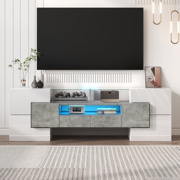 TV-skab 145x30x51 cm - med LED-belysning - med 4 låger - 2 skuffer - hylder - hvid