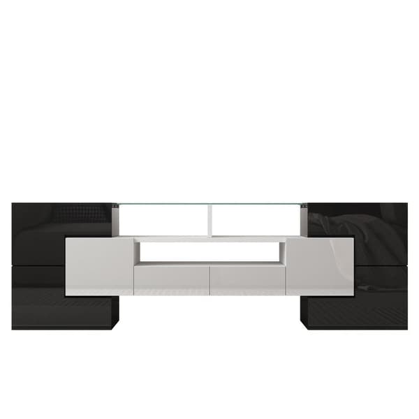 TV-taso 145x30x51 cm - LED-valaistuksella - 4 ovea - 2 laatikkoa - lokero - valkoinen+musta