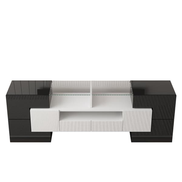 TV-taso 145x30x51 cm - LED-valaistuksella - 4 ovea - 2 laatikkoa - lokero - valkoinen+musta