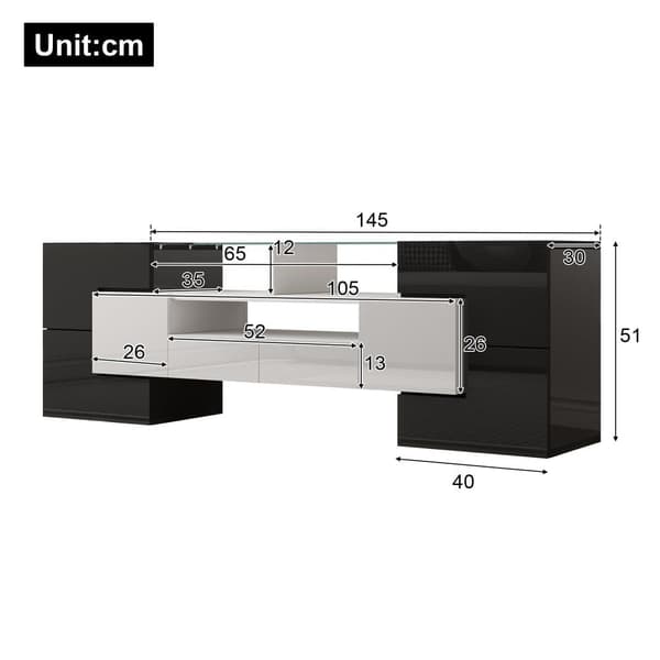TV-taso 145x30x51 cm - LED-valaistuksella - 4 ovea - 2 laatikkoa - lokero - valkoinen+musta