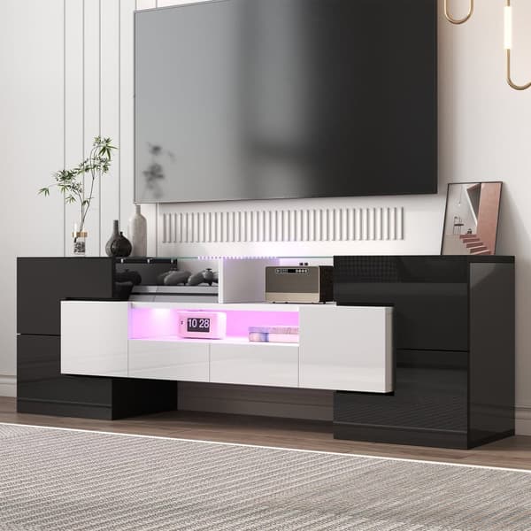 TV-taso 145x30x51 cm - LED-valaistuksella - 4 ovea - 2 laatikkoa - lokero - valkoinen+musta