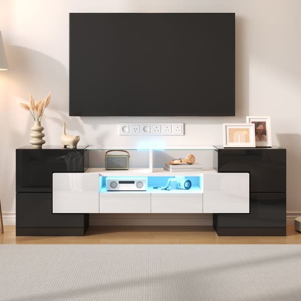 TV-taso 145x30x51 cm - LED-valaistuksella - 4 ovea - 2 laatikkoa - lokero - valkoinen+musta