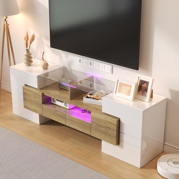 TV-skåp 145x30x51 cm - med LED-belysning - 4 dörrar - 2 lådor - hyllor - vit+natur