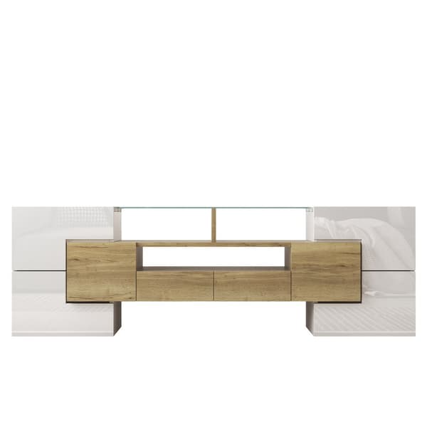 TV-skåp 145x30x51 cm - med LED-belysning - 4 dörrar - 2 lådor - hyllor - vit+natur