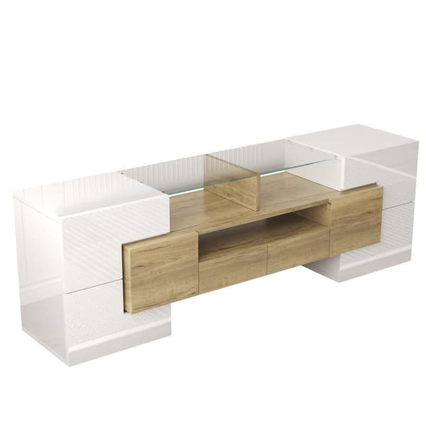 TV-skåp 145x30x51 cm - med LED-belysning - 4 dörrar - 2 lådor - hyllor - vit+natur