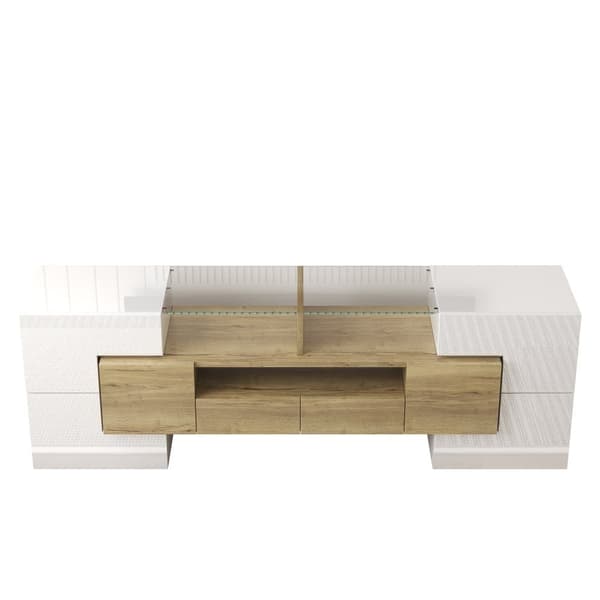 TV-skåp 145x30x51 cm - med LED-belysning - 4 dörrar - 2 lådor - hyllor - vit+natur