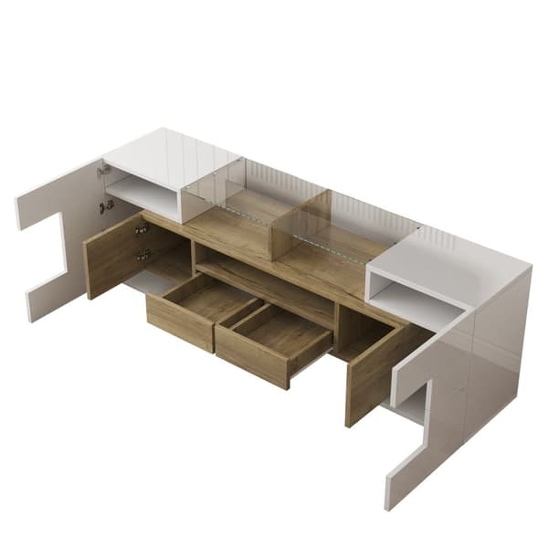 TV-skåp 145x30x51 cm - med LED-belysning - 4 dörrar - 2 lådor - hyllor - vit+natur