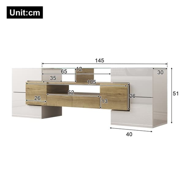 TV-skåp 145x30x51 cm - med LED-belysning - 4 dörrar - 2 lådor - hyllor - vit+natur