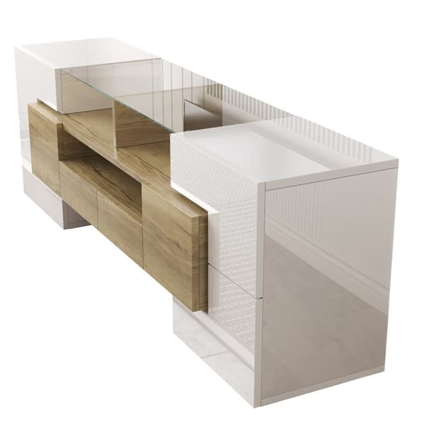 TV-skåp 145x30x51 cm - med LED-belysning - 4 dörrar - 2 lådor - hyllor - vit+natur