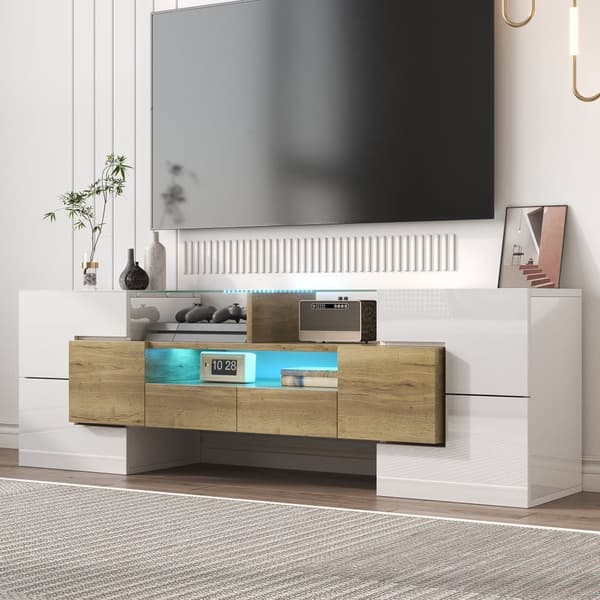 TV-skåp 145x30x51 cm - med LED-belysning - 4 dörrar - 2 lådor - hyllor - vit+natur