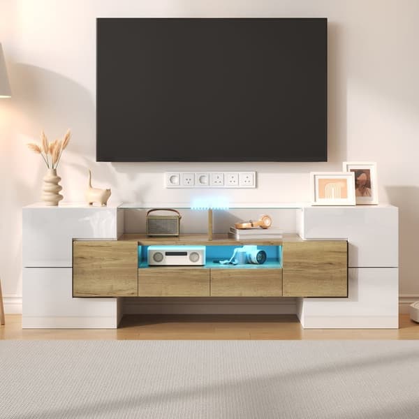 TV-skåp 145x30x51 cm - med LED-belysning - 4 dörrar - 2 lådor - hyllor - vit+natur