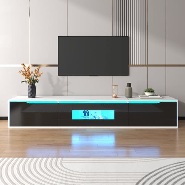 TV-möbel 180x35x30 cm - högglansig yta - med 16-färgad LED-belysning - väggmonterad - svart + vit