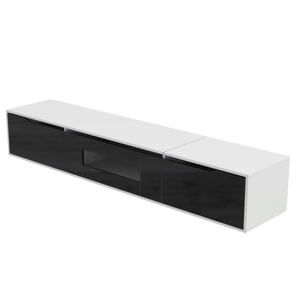 TV-möbel 180x35x30 cm - högglansig yta - med 16-färgad LED-belysning - väggmonterad - svart + vit