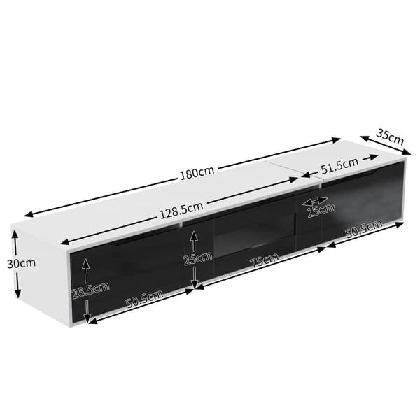 TV-möbel 180x35x30 cm - högglansig yta - med 16-färgad LED-belysning - väggmonterad - svart + vit