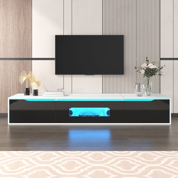 TV-möbel 180x35x30 cm - högglansig yta - med 16-färgad LED-belysning - väggmonterad - svart + vit
