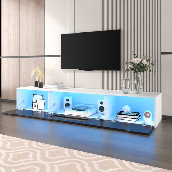 TV-möbel 180x35x30 cm - högglansig yta - med 16-färgad LED-belysning - väggmonterad - svart + vit
