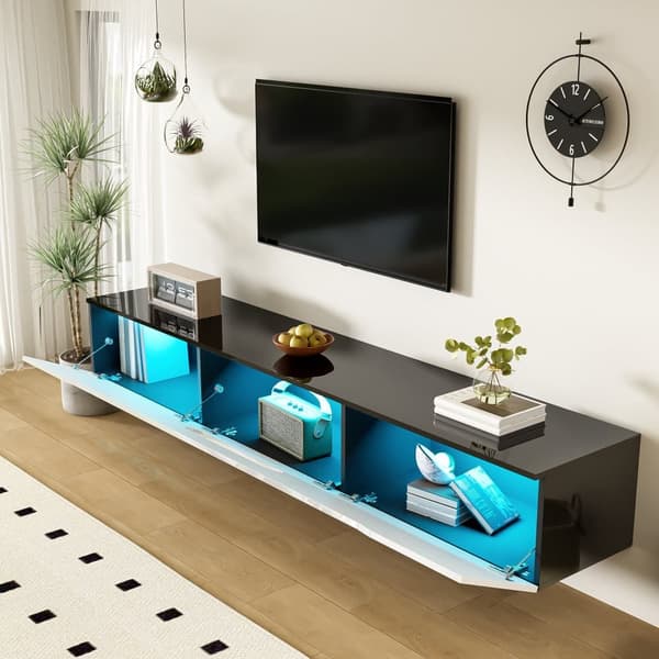 TV-bord 180x35x30 cm - Højglans - LED-belysning i 16 farver - Væghængt - Hvid+Sort