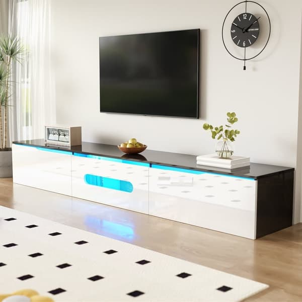 TV-bord 180x35x30 cm - Højglans - LED-belysning i 16 farver - Væghængt - Hvid+Sort
