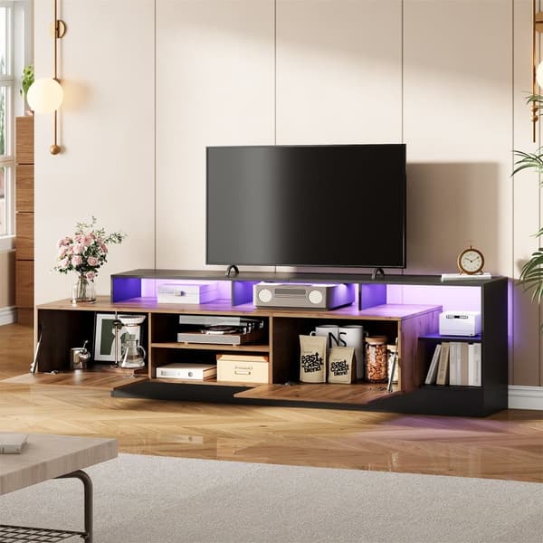 Moderne TV-bord med LED - 2 låger og 6 åbne rum - sort og natur