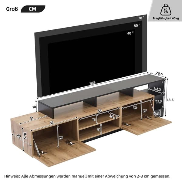 Moderne TV-bord med LED - 2 låger og 6 åbne rum - sort og natur