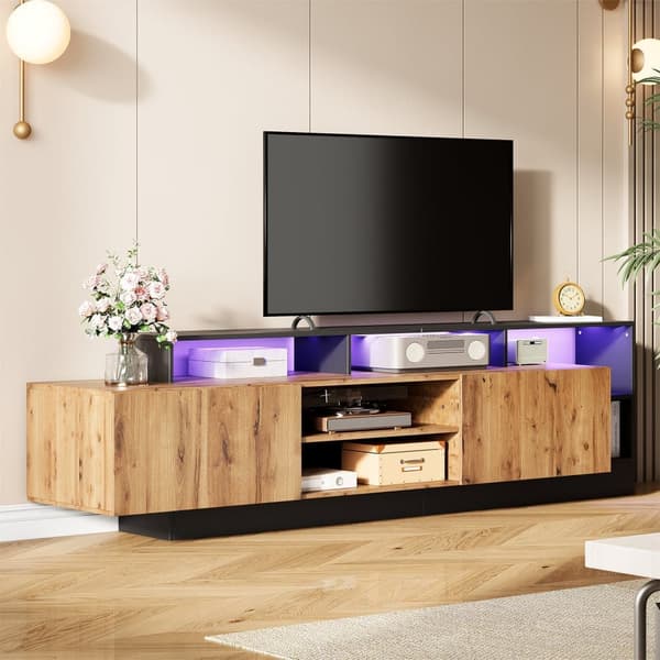 Moderne TV-bord med LED - 2 låger og 6 åbne rum - sort og natur