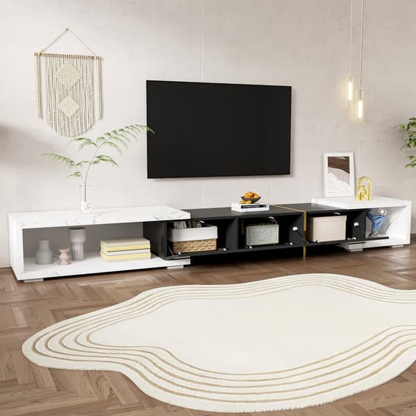 TV-möbel med justerbar längd (140-260 cm) - 3 gångjärnsdörrar - vit marmorlook - svartvitt