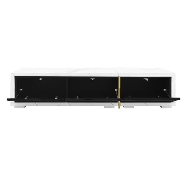 TV-möbel med justerbar längd (140-260 cm) - 3 gångjärnsdörrar - vit marmorlook - svartvitt