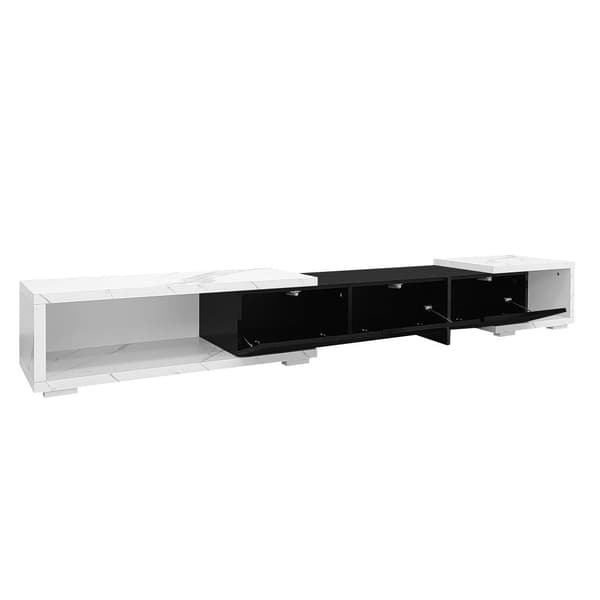 TV-möbel med justerbar längd (140-260 cm) - 3 gångjärnsdörrar - vit marmorlook - svartvitt