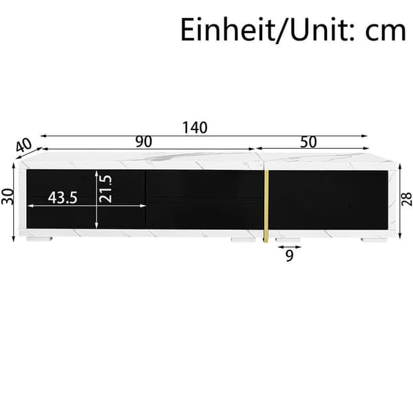 TV-möbel med justerbar längd (140-260 cm) - 3 gångjärnsdörrar - vit marmorlook - svartvitt
