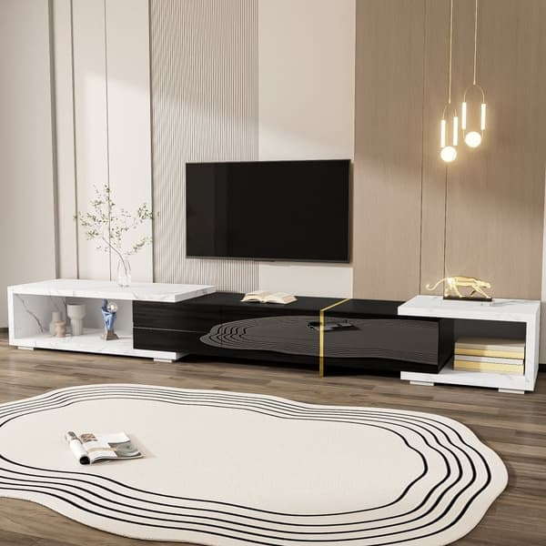 TV-möbel med justerbar längd (140-260 cm) - 3 gångjärnsdörrar - vit marmorlook - svartvitt