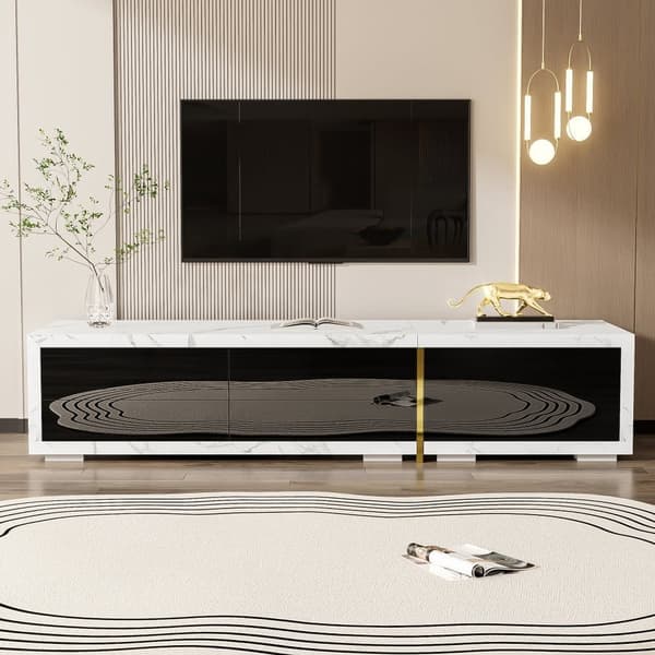 TV-möbel med justerbar längd (140-260 cm) - 3 gångjärnsdörrar - vit marmorlook - svartvitt