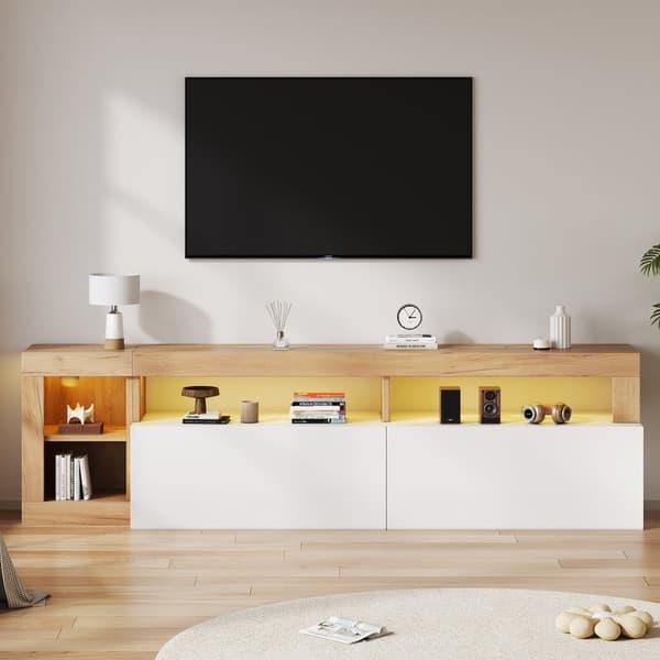 Moderni TV-taso LEDillä - 2 ovea ja 3 avointa lokeroa - valkoinen ja luonnollinen