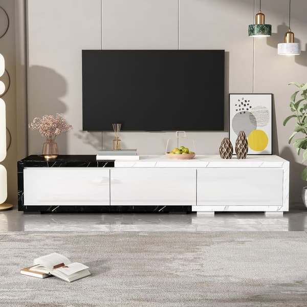 TV-bord med justerbar længde (140-179,5 cm) - 3 hængslede låger - marmoreffekt - hvid og sort