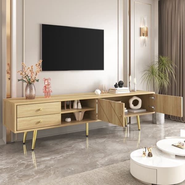 TV-skab 160x36x42cm - med 2 skuffer og 2 låger - gyldne fødder - natur